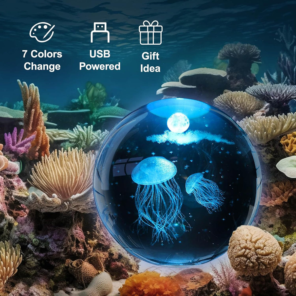 3D Crystal Ball Ocean Night Light with LED Base