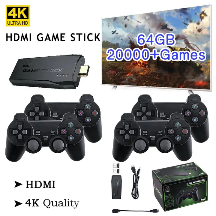4K HDMI Retro Game Stick Console with 20000 Plus Games and Wireless Controllers