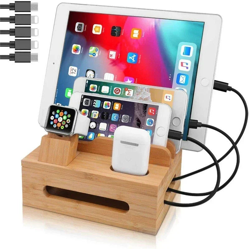 Bamboo Charging Station Organizer with 5 Port USB Charger Cable Management