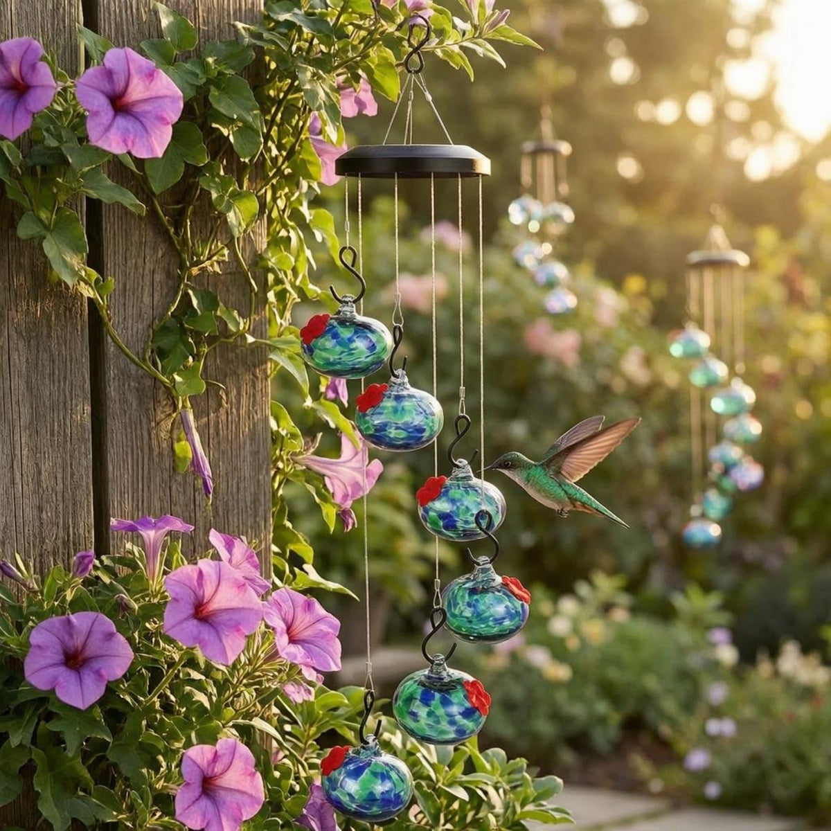 Decorative Hummingbird Feeder with Hanging Wind Chime