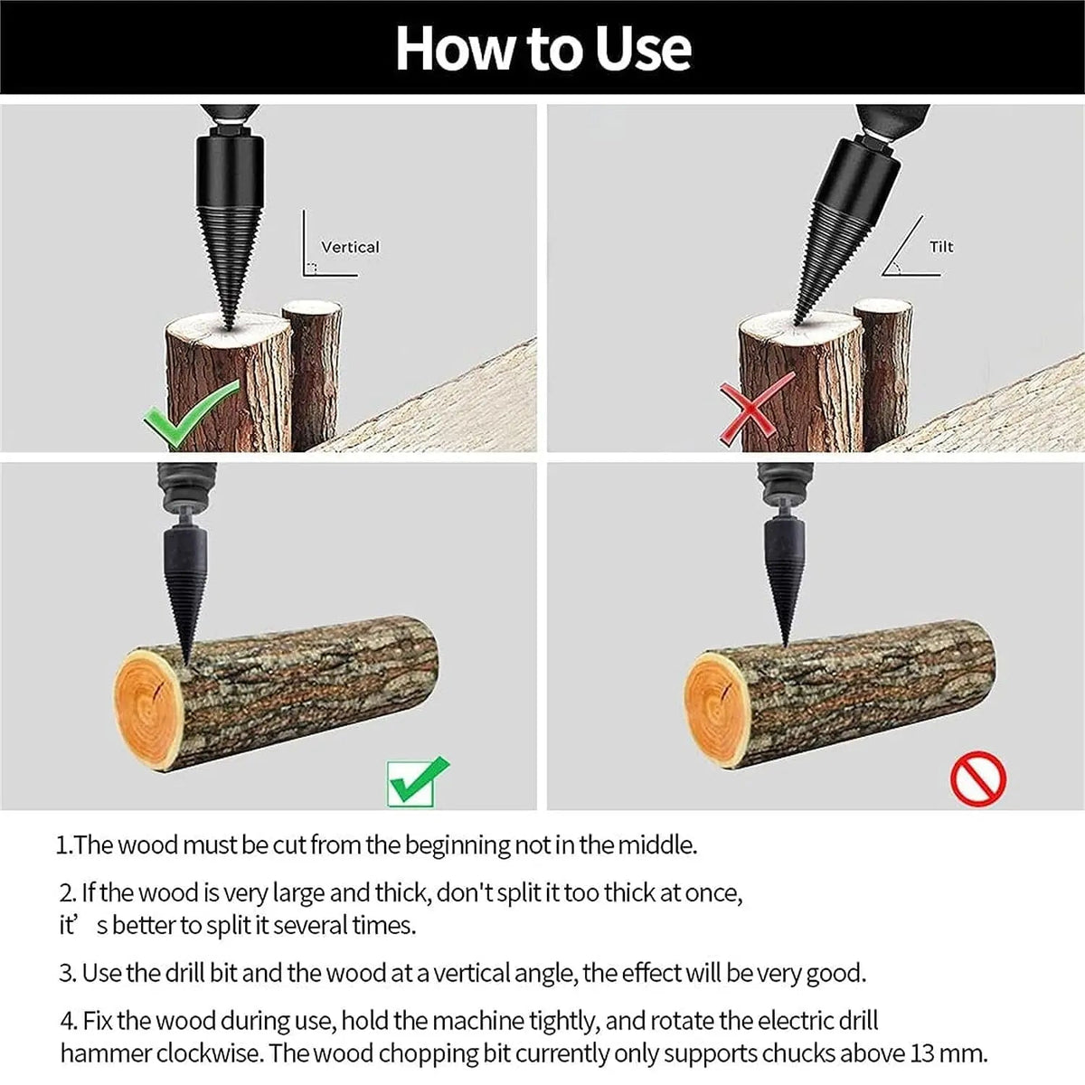 Firewood Splitting Drill Bit Set with 4 Shank Adapters