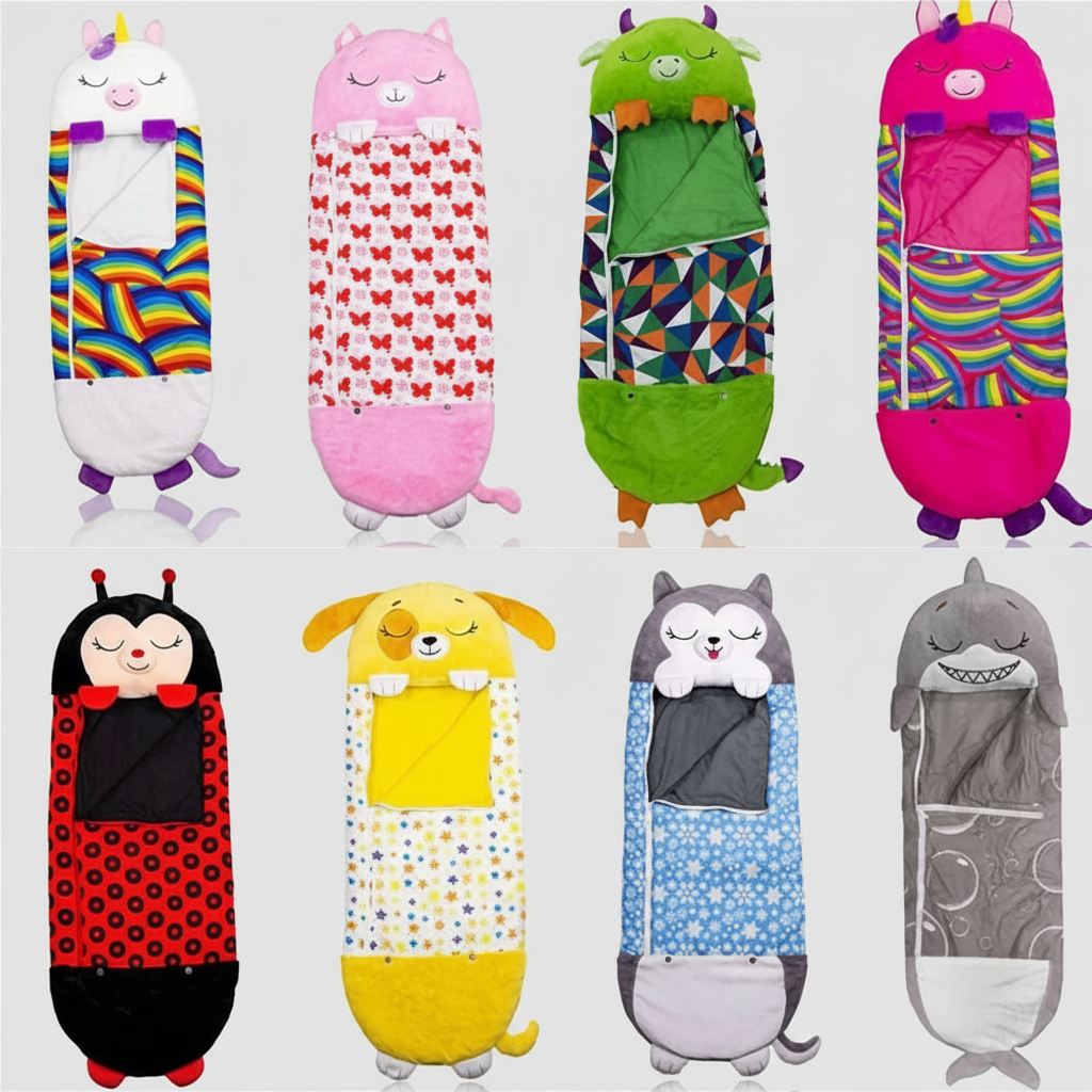 Foldable Animal Shape Kids Sleeping Bag Soft Plush Portable Nap Mat for Travel Sleepover Comfort