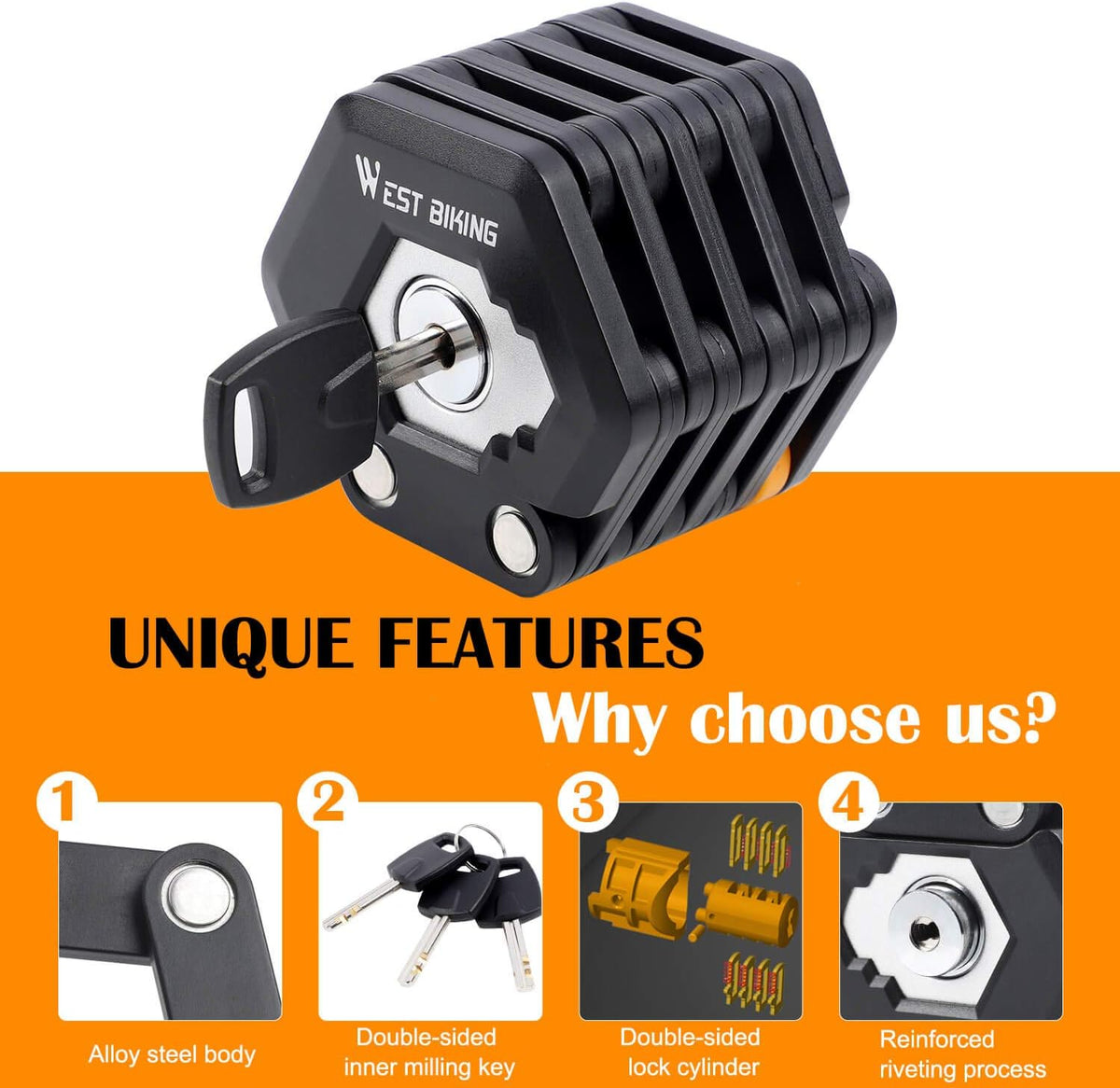 Foldable Heavy Duty Bike Lock with Hardened Steel Security Chain