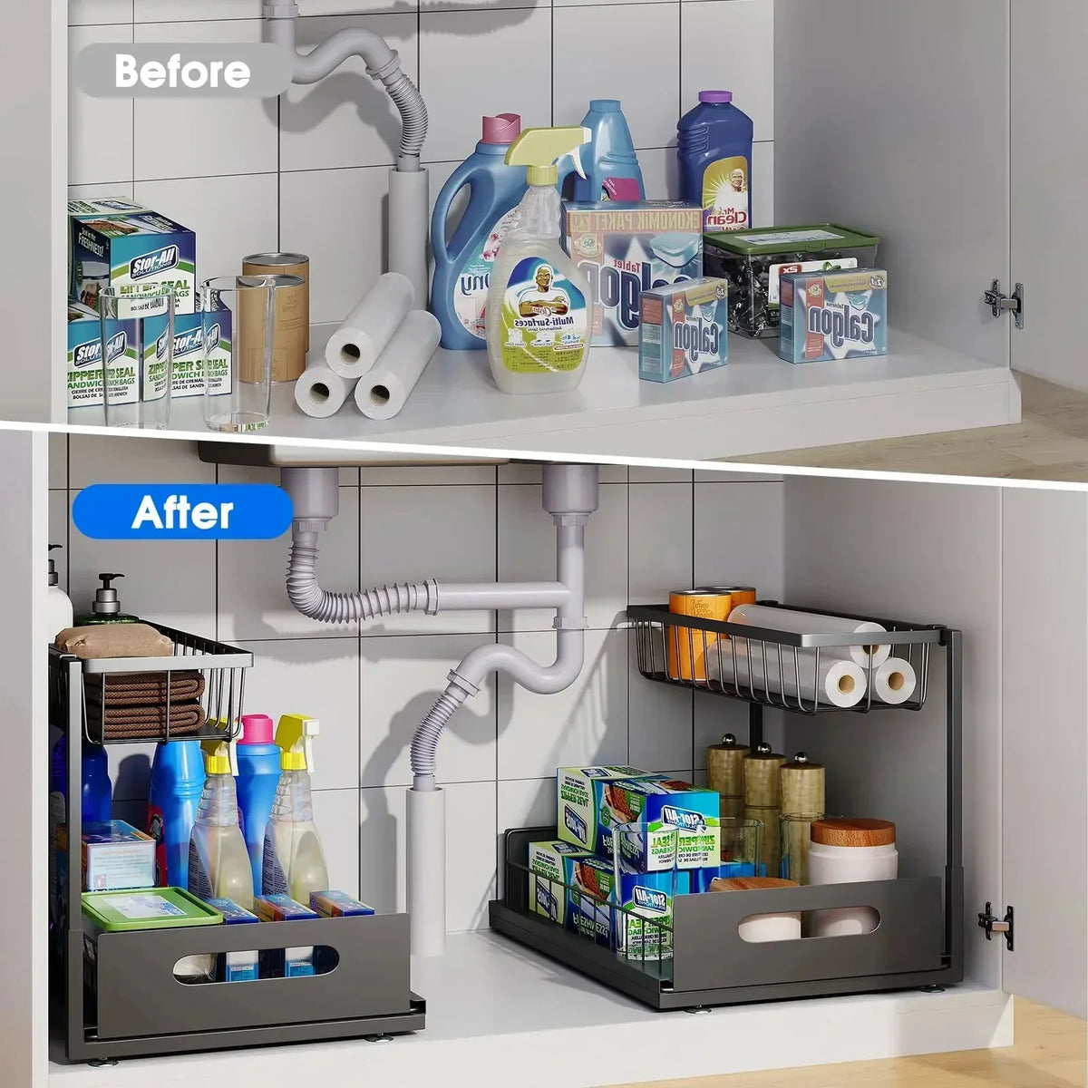L Shaped Two Tier Under Sink Storage Organizer