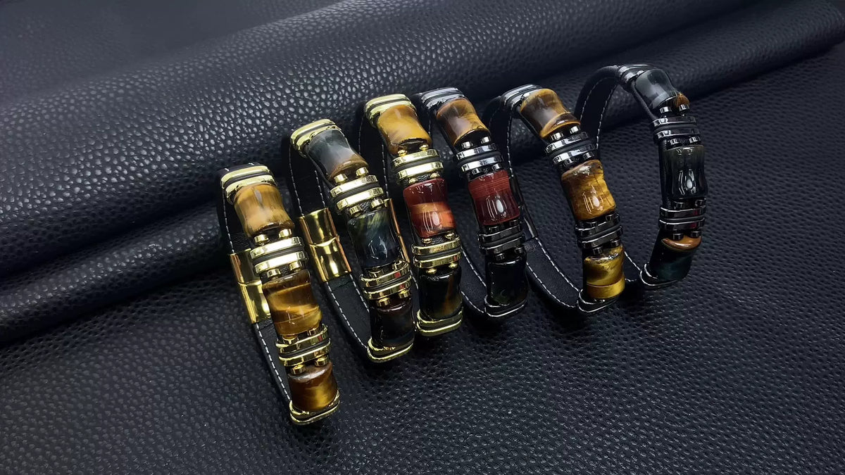 Leather Bracelet with Natural Tiger Eye Stone