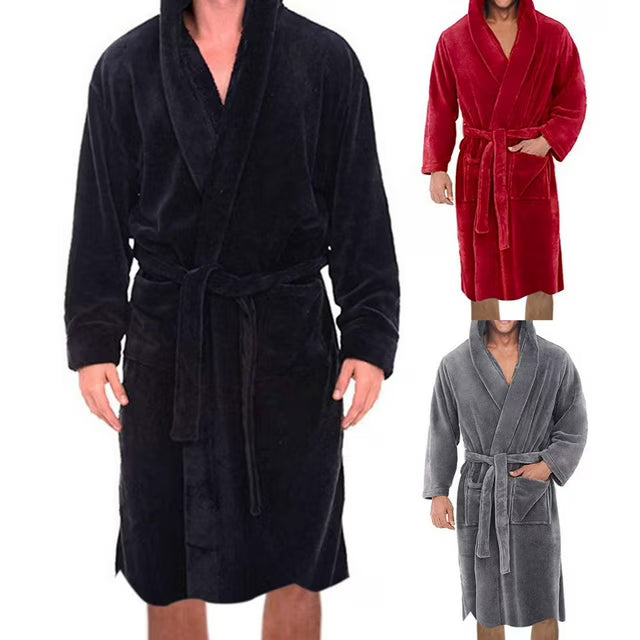 Men's Hooded Plush Bathrobe Soft Long Fleece Robe