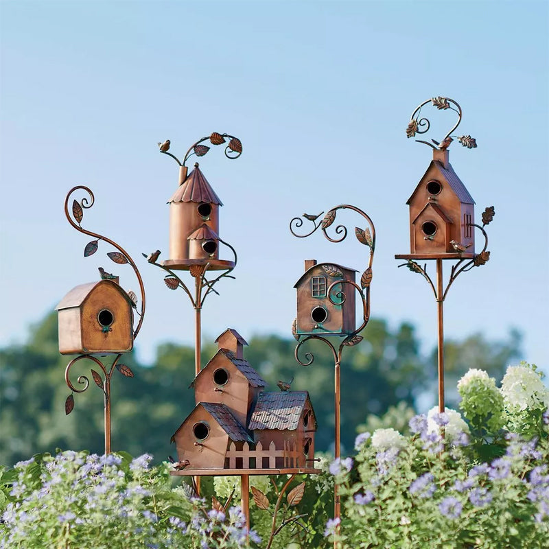 Metal Birdhouse Garden Stake Outdoor Yard Decor