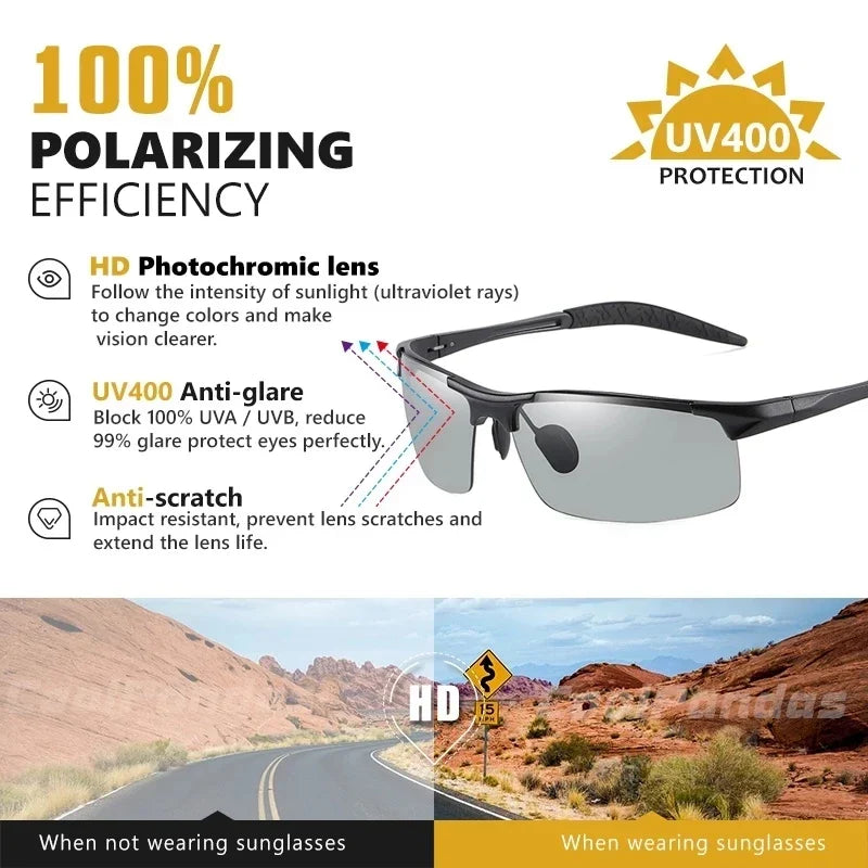 Photochromic UV Protection Sunglasses for Day and Night Driving