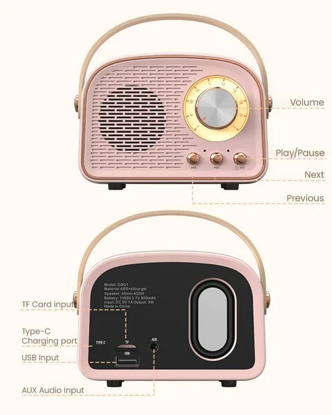 Retro Round Bluetooth Radio Speaker With 8 Hour Playback