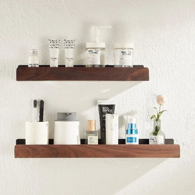 Solid Wood Adhesive Bathroom Wall Shelf Organizer