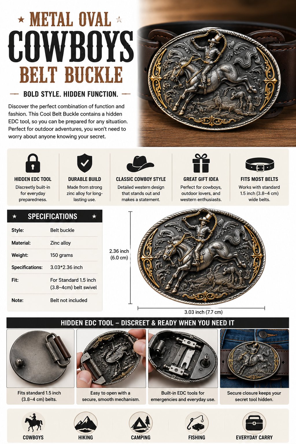 Western Style Metal Oval Belt Buckle Zinc Alloy Cowboy Belt Accessory