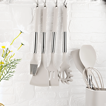 12 Piece Silicone Kitchen Utensil Set with Stainless Steel Handles