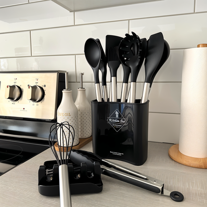 12 Piece Silicone Kitchen Utensil Set with Stainless Steel Handles
