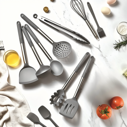 12 Piece Silicone Kitchen Utensil Set with Stainless Steel Handles