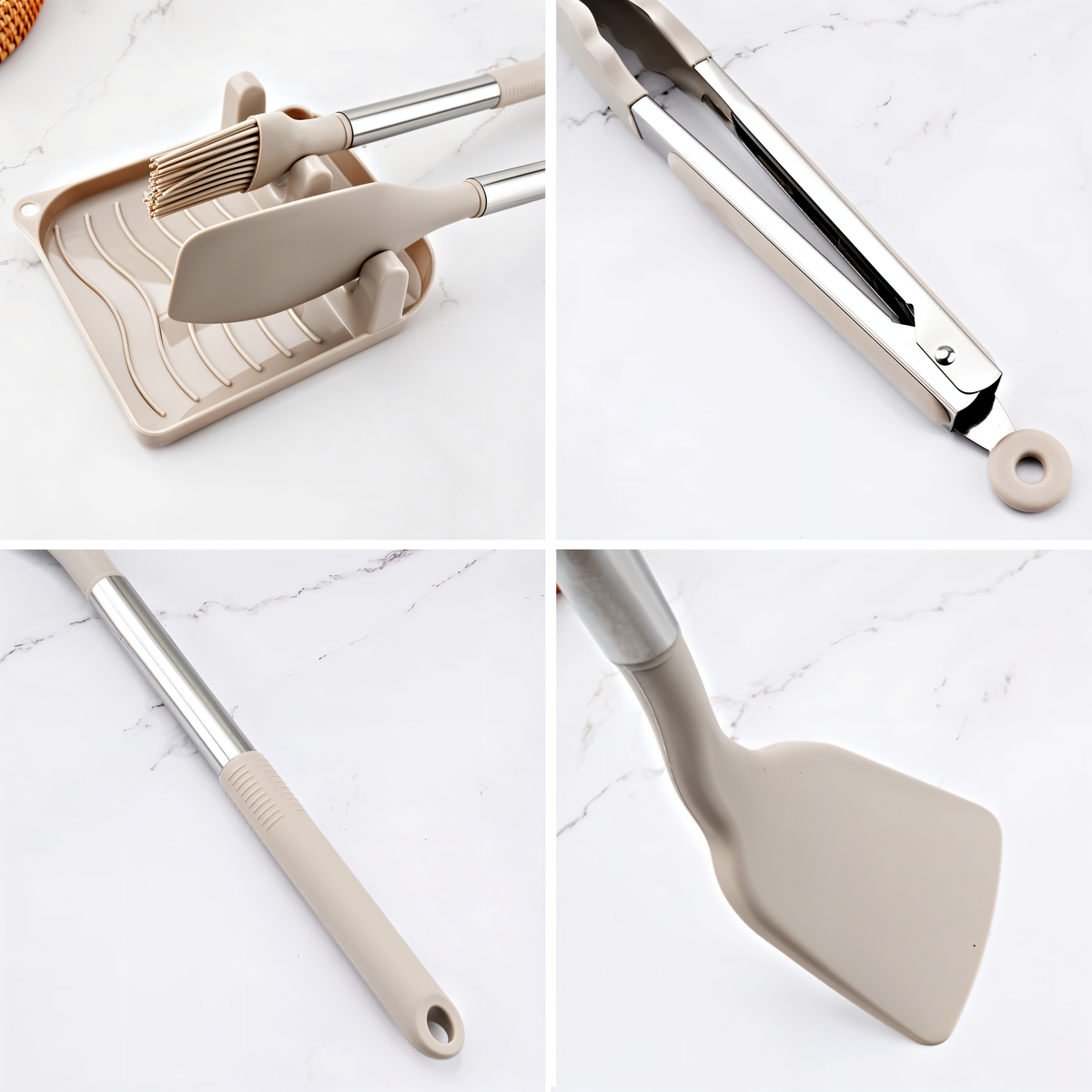12 Piece Silicone Kitchen Utensil Set with Stainless Steel Handles