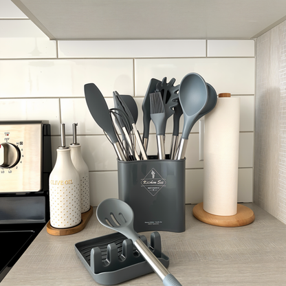 12 Piece Silicone Kitchen Utensil Set with Stainless Steel Handles