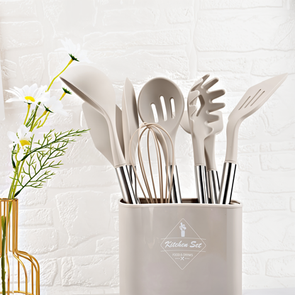 12 Piece Silicone Kitchen Utensil Set with Stainless Steel Handles