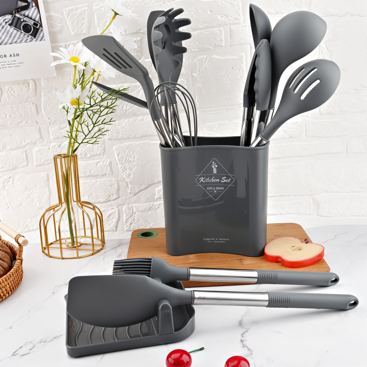 12 Piece Silicone Kitchen Utensil Set with Stainless Steel Handles