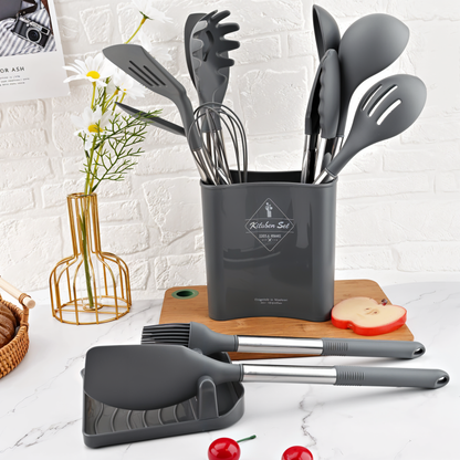 12 Piece Silicone Kitchen Utensil Set with Stainless Steel Handles