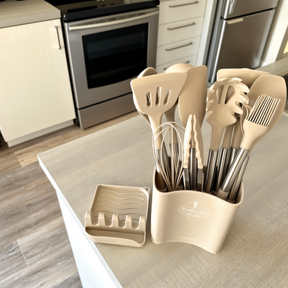 12 Piece Silicone Kitchen Utensil Set with Stainless Steel Handles