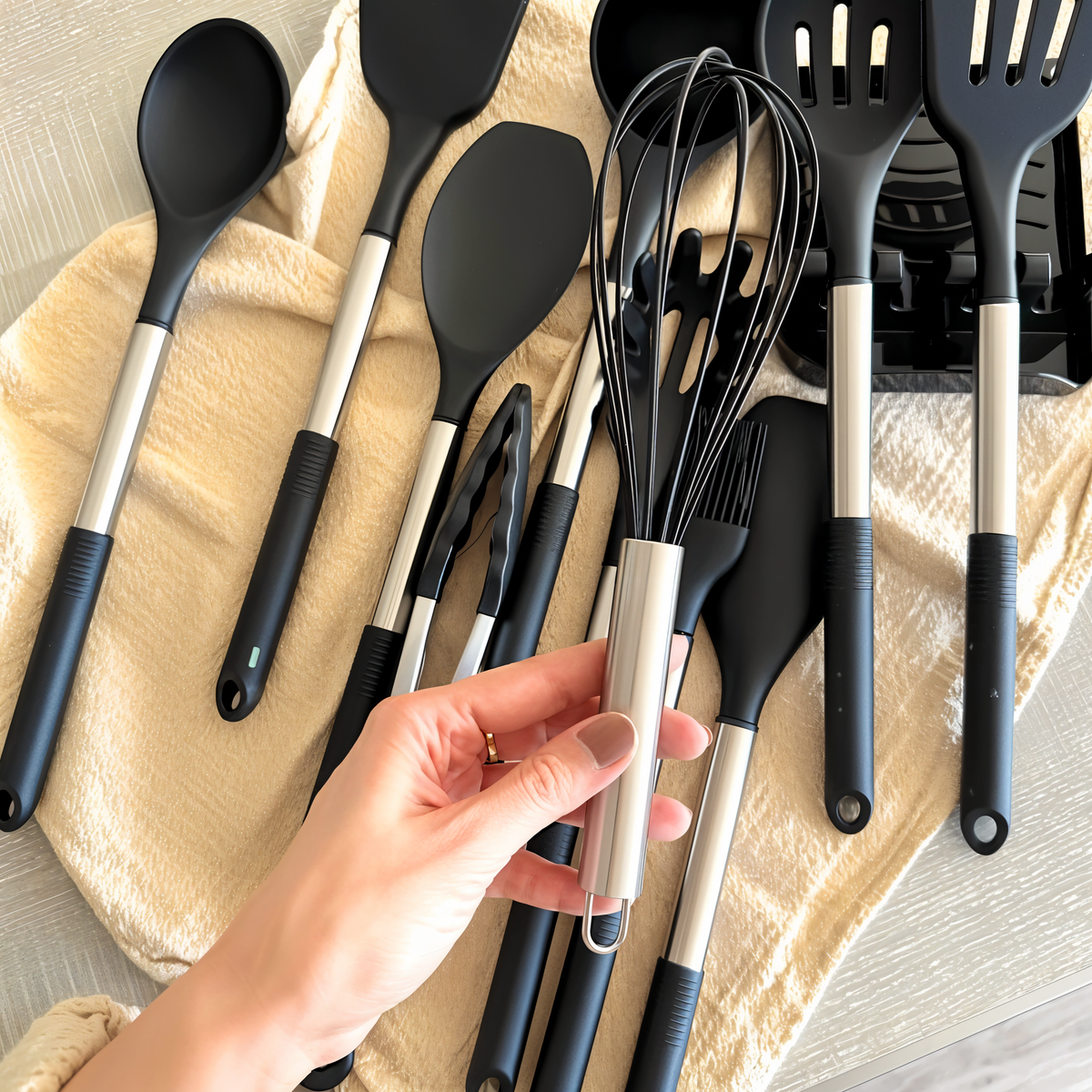 12 Piece Silicone Kitchen Utensil Set with Stainless Steel Handles