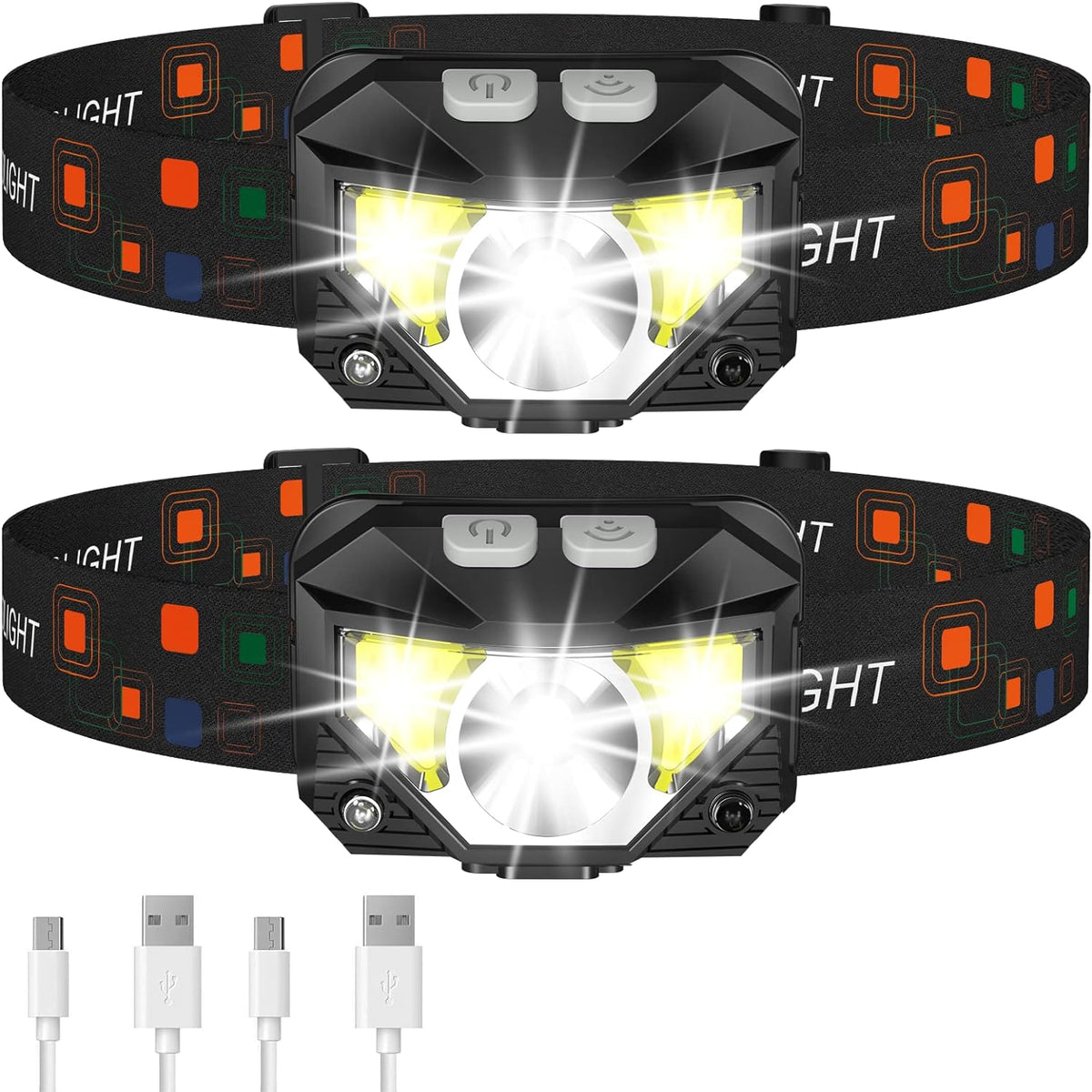 2 Pack Rechargeable LED Headlamp Flashlights with Motion Sensor