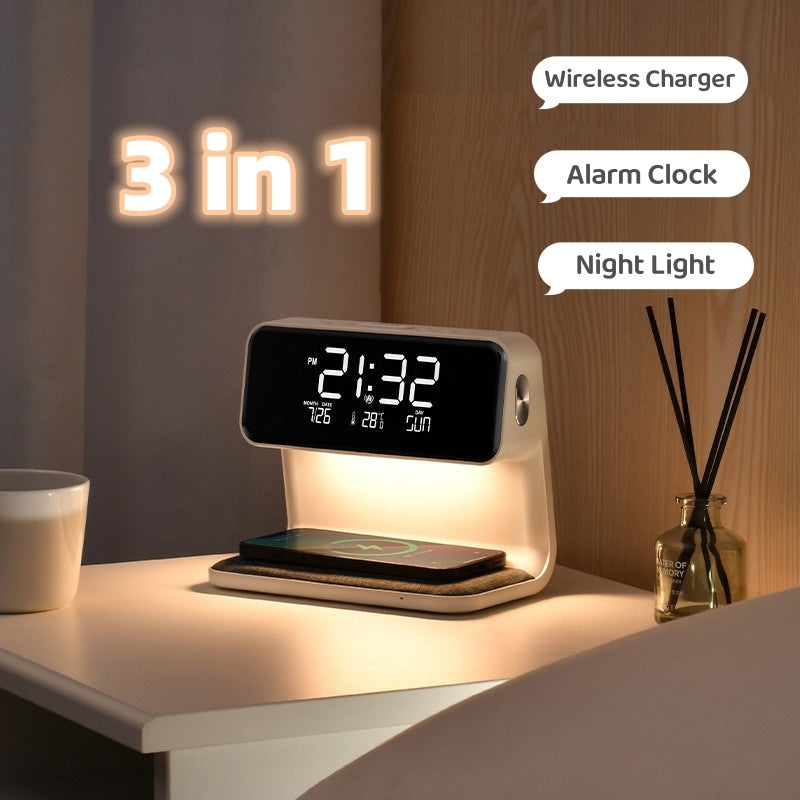 3-in-1 Bedside Lamp with Wireless Charger and LCD Alarm Clock
