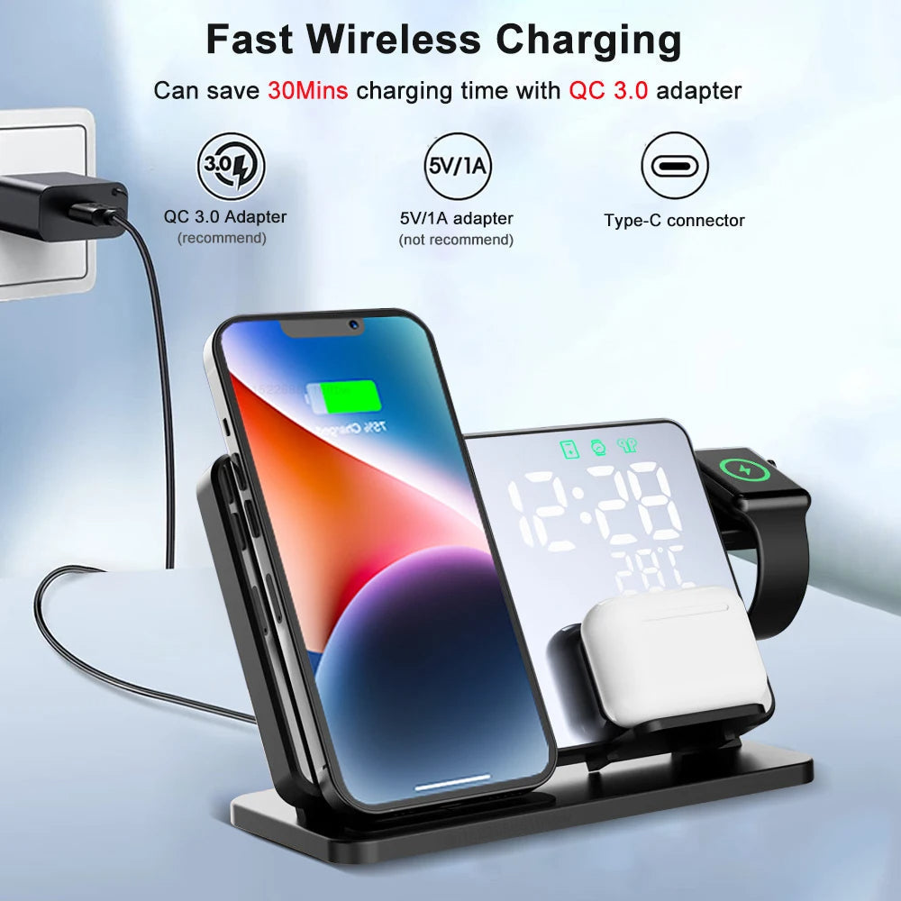 3 in 1 Wireless Fast Charging Station with Alarm Clock
