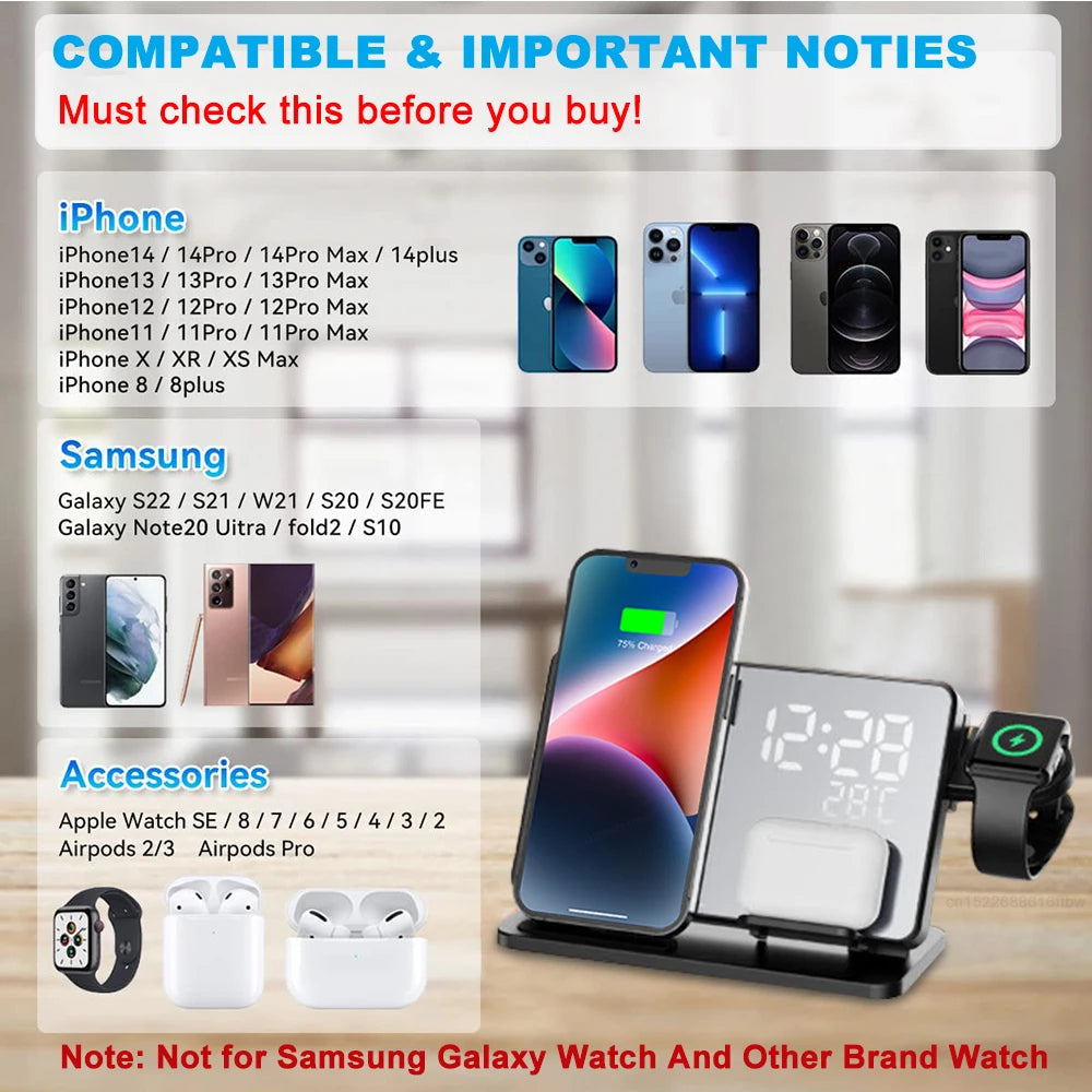 3 in 1 Wireless Fast Charging Station with Alarm Clock