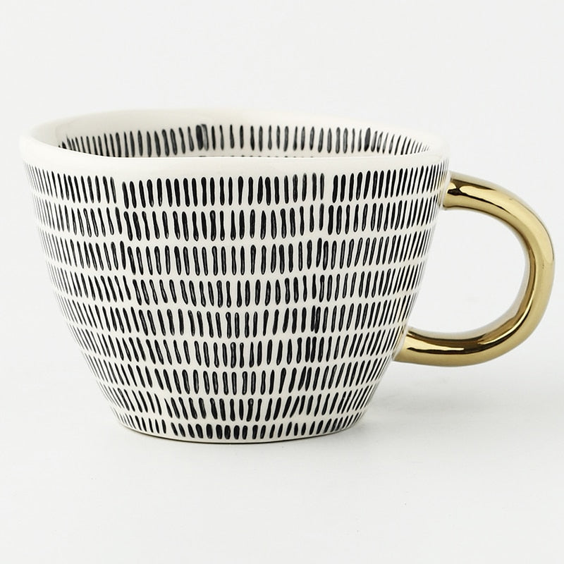 Abstract Geometric Ceramic Coffee Cup with Gold Handle