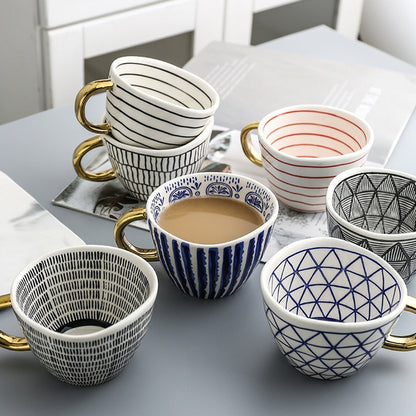 Abstract Geometric Ceramic Coffee Cup with Gold Handle