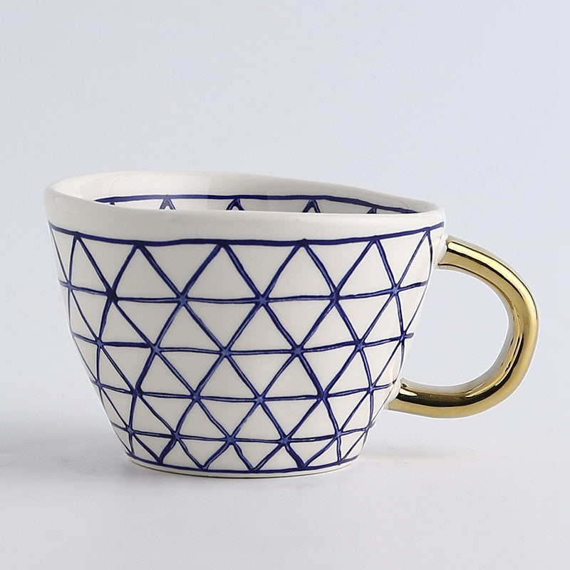 Abstract Geometric Ceramic Coffee Cup with Gold Handle