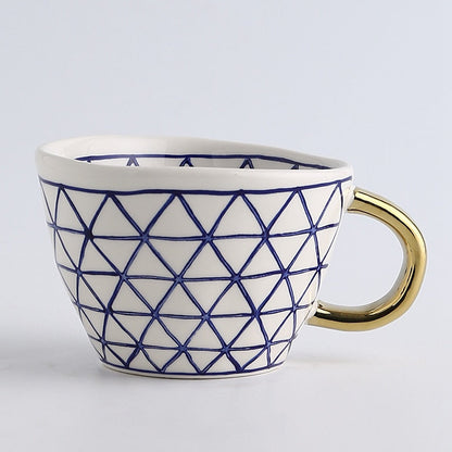 Abstract Geometric Ceramic Coffee Cup with Gold Handle