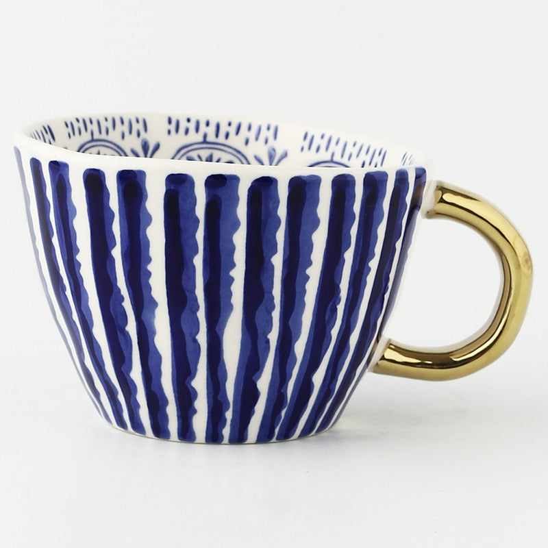 Abstract Geometric Ceramic Coffee Cup with Gold Handle