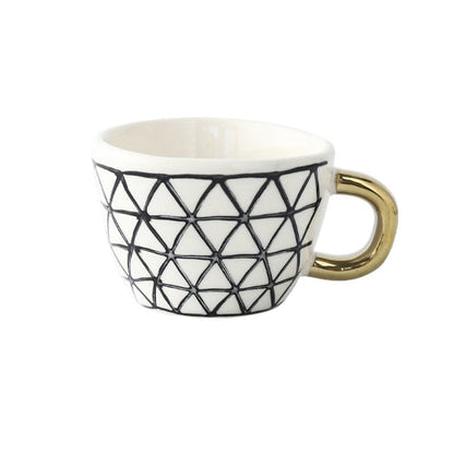 Abstract Geometric Ceramic Coffee Cup with Gold Handle