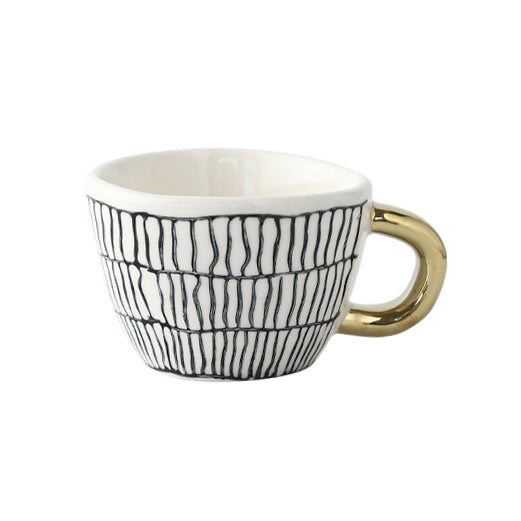 Abstract Geometric Ceramic Coffee Cup with Gold Handle