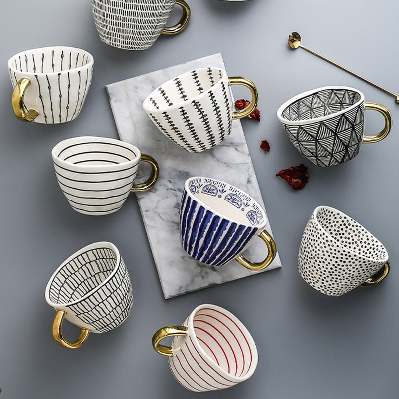 Abstract Geometric Ceramic Coffee Cup with Gold Handle