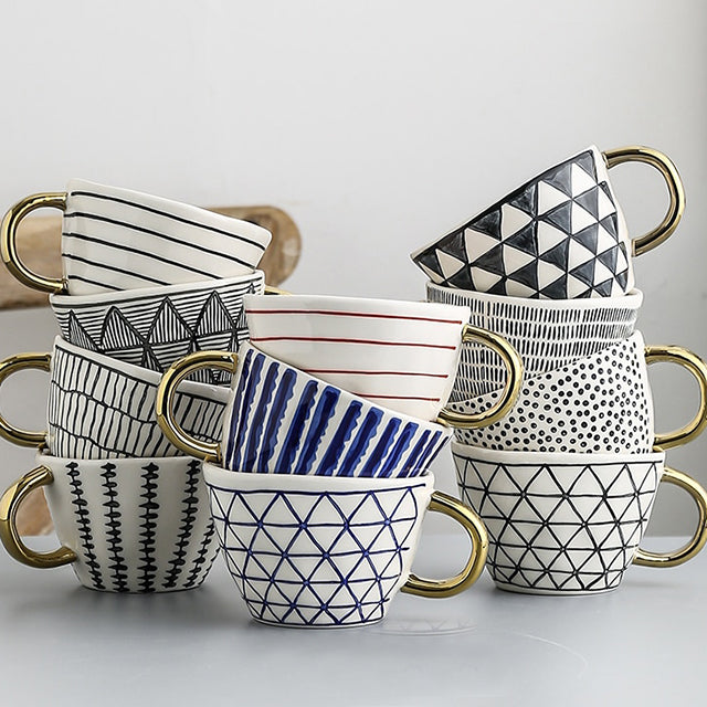 Abstract Geometric Ceramic Coffee Cup with Gold Handle
