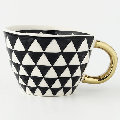 Abstract Geometric Ceramic Coffee Cup with Gold Handle