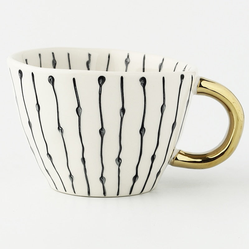 Abstract Geometric Ceramic Coffee Cup with Gold Handle