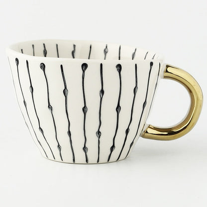 Abstract Geometric Ceramic Coffee Cup with Gold Handle