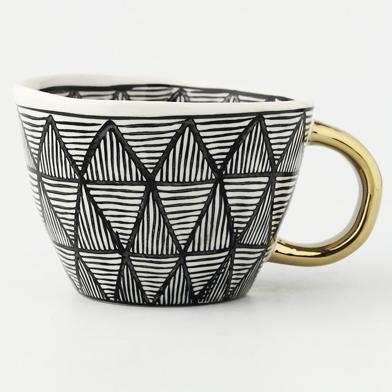 Abstract Geometric Ceramic Coffee Cup with Gold Handle