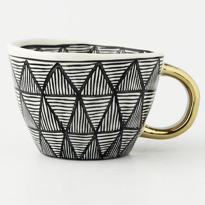 Abstract Geometric Ceramic Coffee Cup with Gold Handle