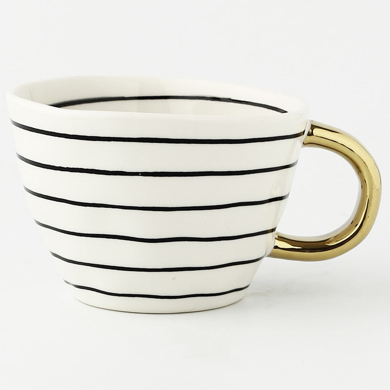 Abstract Geometric Ceramic Coffee Cup with Gold Handle