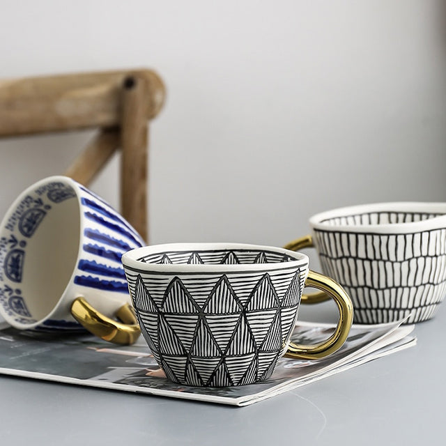 Abstract Geometric Ceramic Coffee Cup with Gold Handle