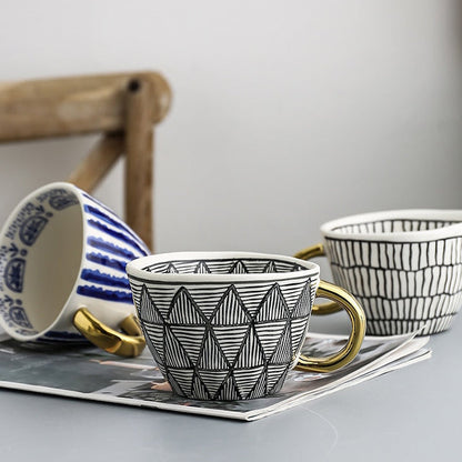 Abstract Geometric Ceramic Coffee Cup with Gold Handle