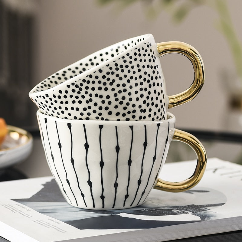 Abstract Geometric Ceramic Coffee Cup with Gold Handle