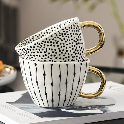 Abstract Geometric Ceramic Coffee Cup with Gold Handle