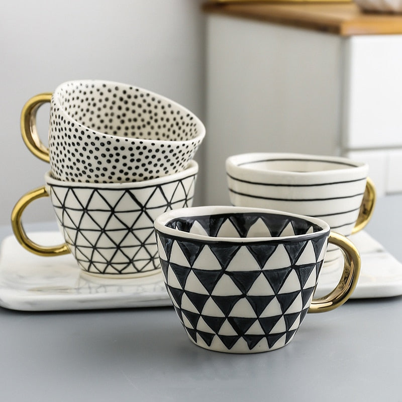Abstract Geometric Ceramic Coffee Cup with Gold Handle