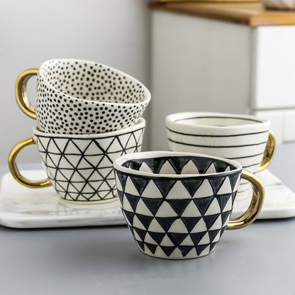 Abstract Geometric Ceramic Coffee Cup with Gold Handle